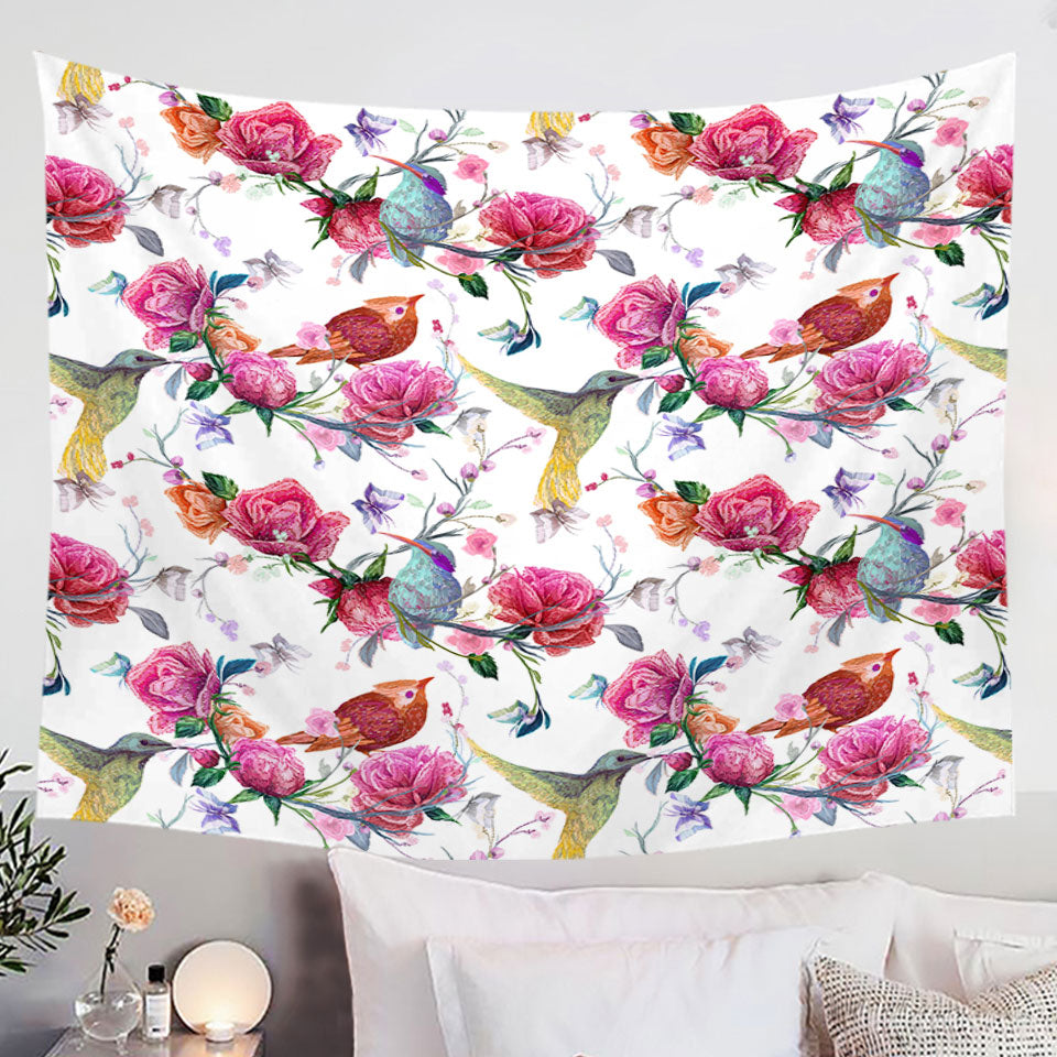 Pink Roses and Beautiful Birds Wall Decor Tapestry