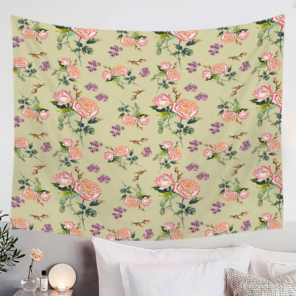 Pink Roses and Purple Flowers Wall Decor Tapestry