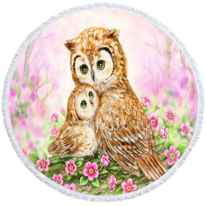 Pink Round Beach Towel Nature and Flowers Owls Cuddle