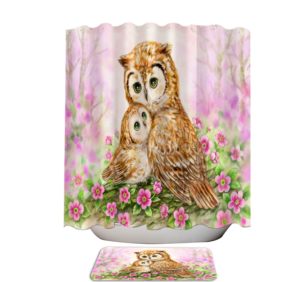 Pink Shower Curtains Nature and Flowers Owls Cuddle