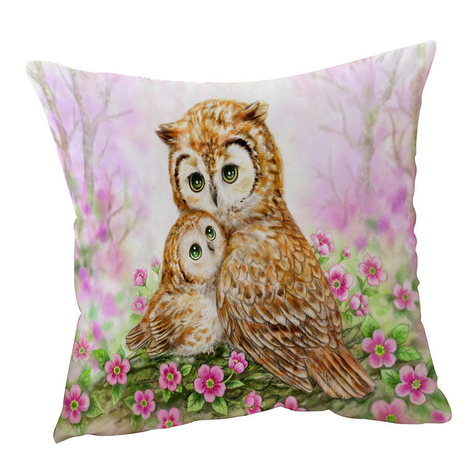 Pink Throw Pillows Nature and Flowers Owls Cuddle