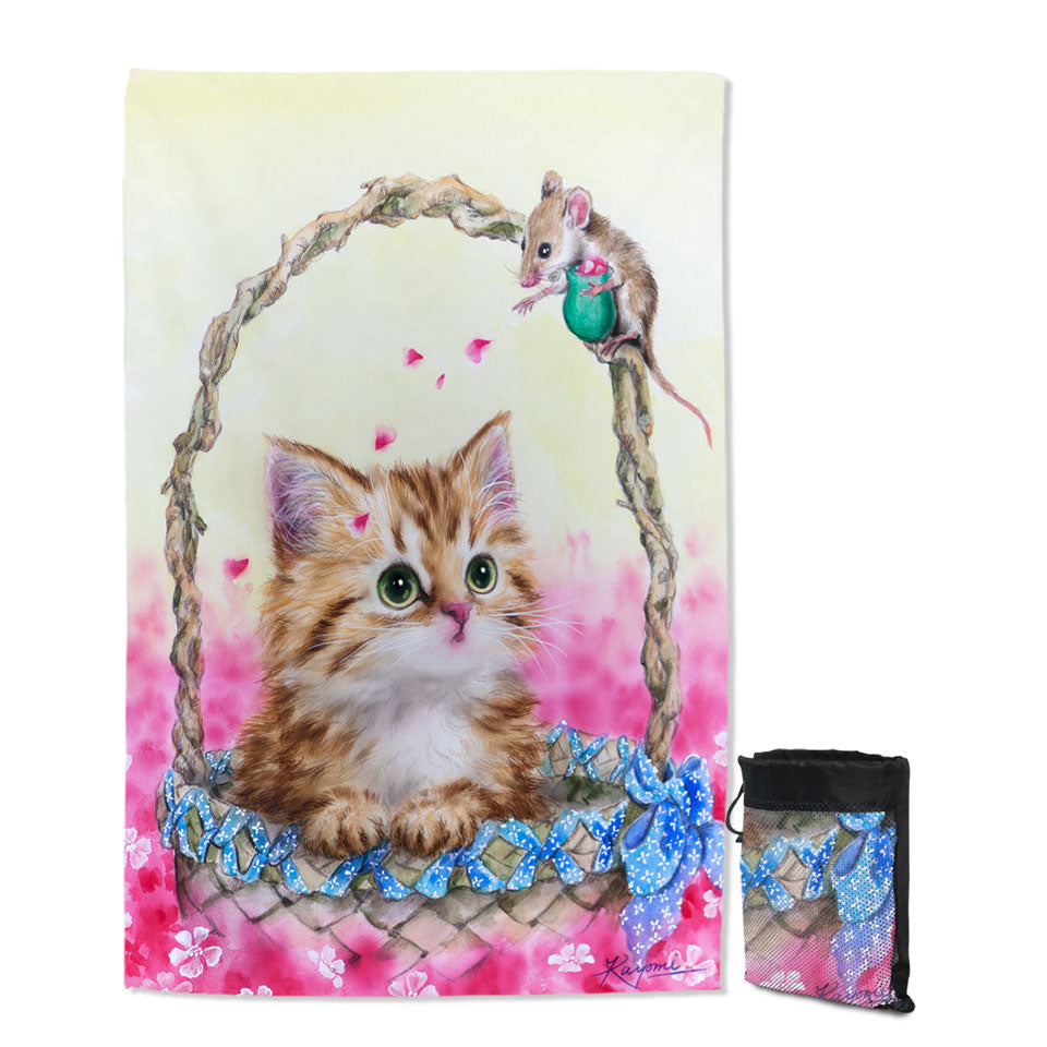 Pink Unique Beach Towels Garden and Ginger Kitty Cat in a Basket