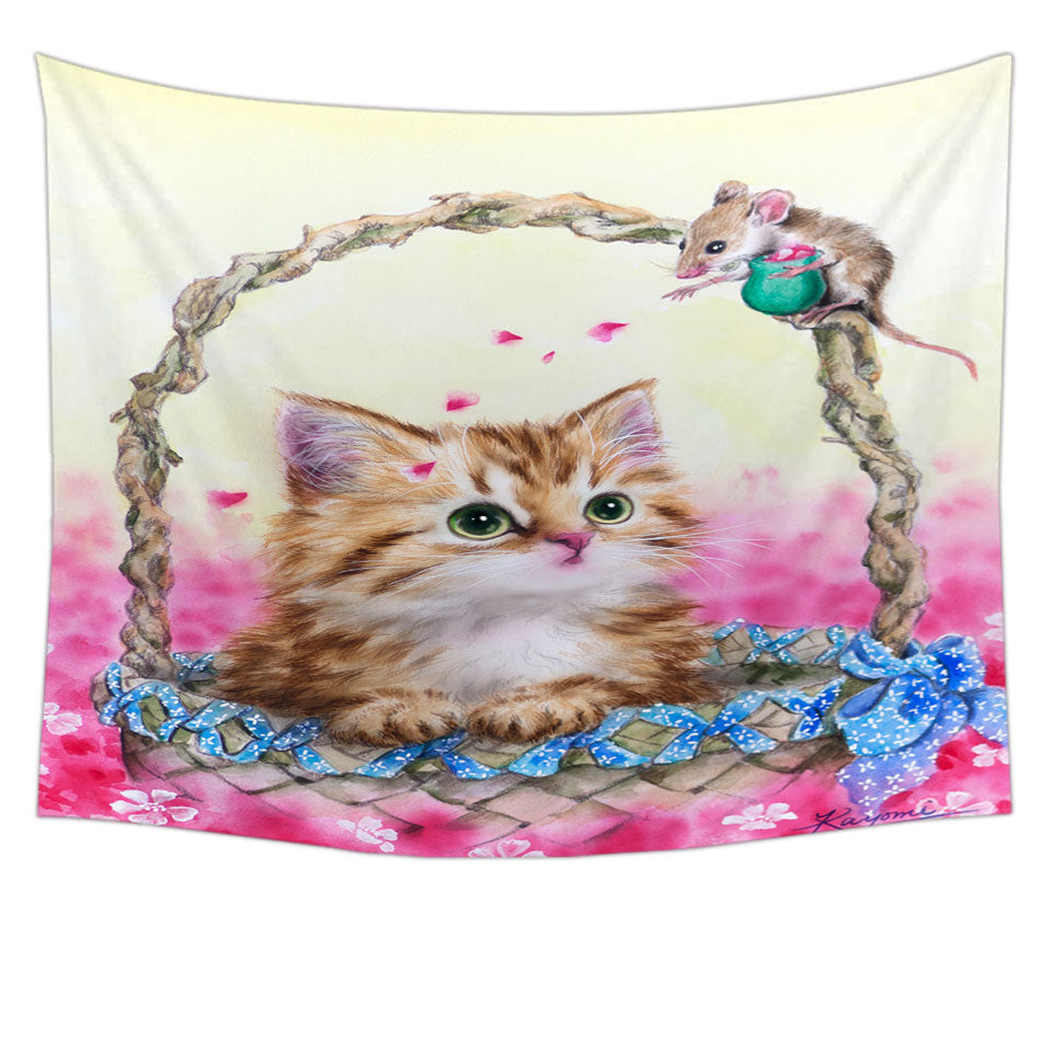 Pink Wall Decor Garden and Ginger Kitty Cat in a Basket Tapestry
