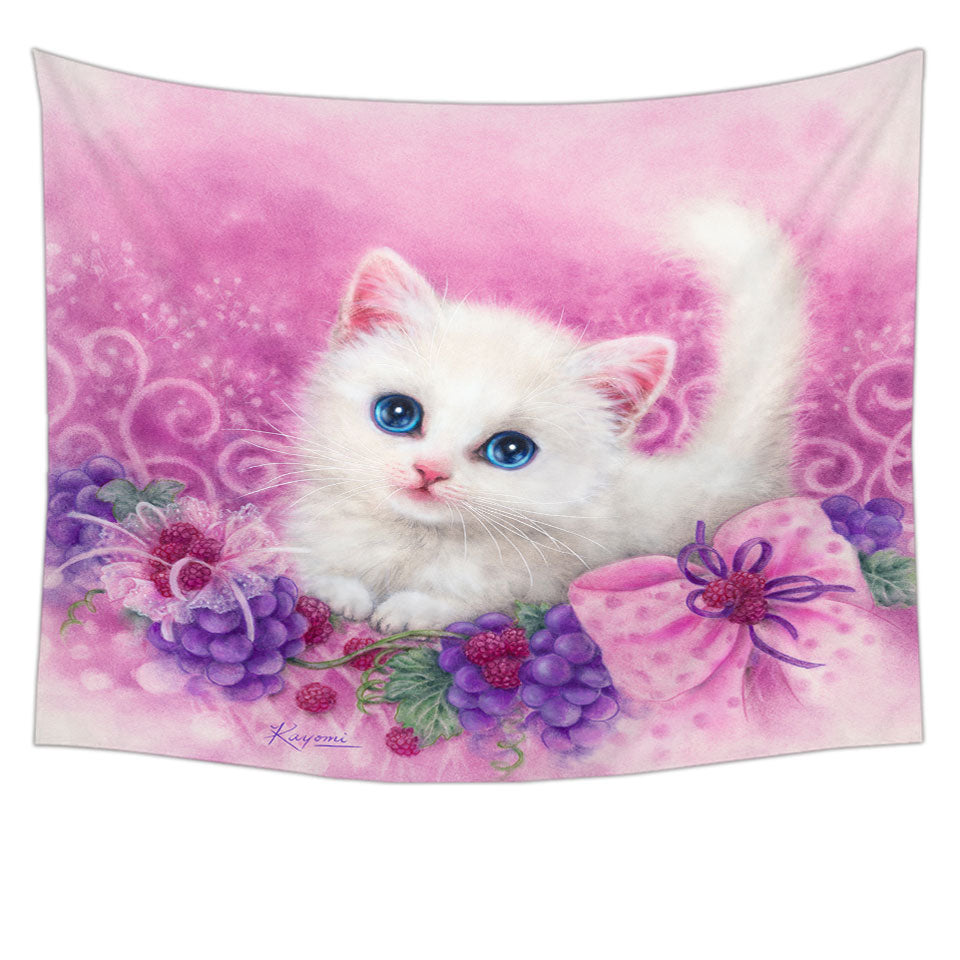 Pink Wall Decor Present White Kitten with Grapes Tapestry