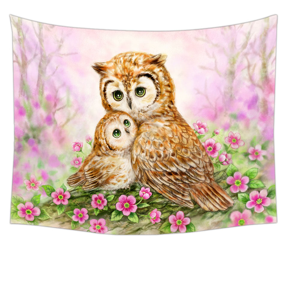 Pink Wall Decor Tapestries Nature and Flowers Owls Cuddle