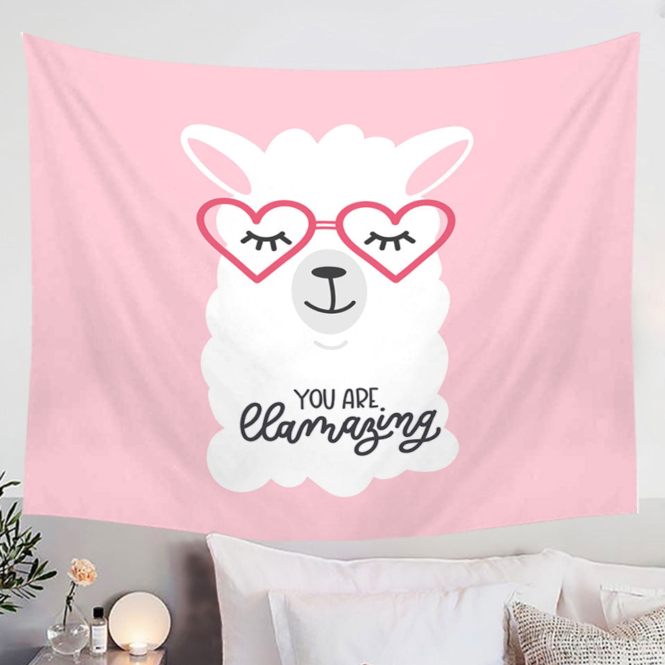 Pink Wall Decor Tapestry with Cool Heart Glasses Llama