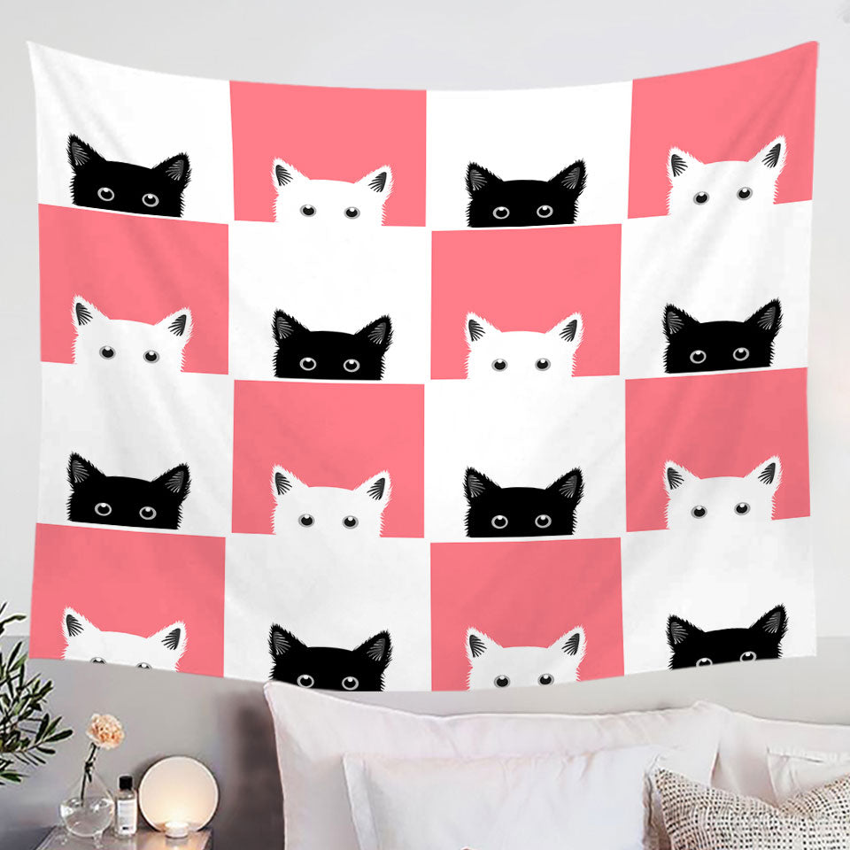 Pink White Panel and Black White Cats Wall Decor Tapestry