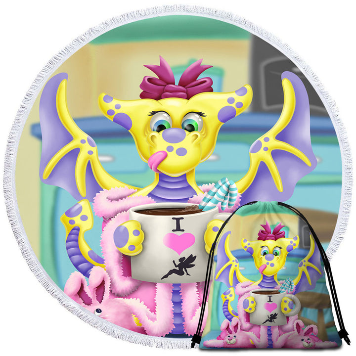 Pink and Purple Girly Round Beach Towel with Dragon