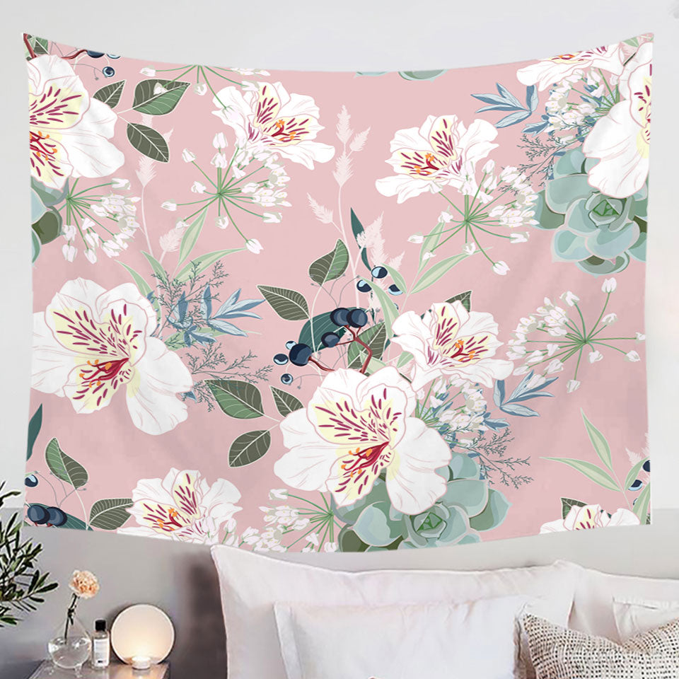 Pink under White Flowers Home Decor Tapestry
