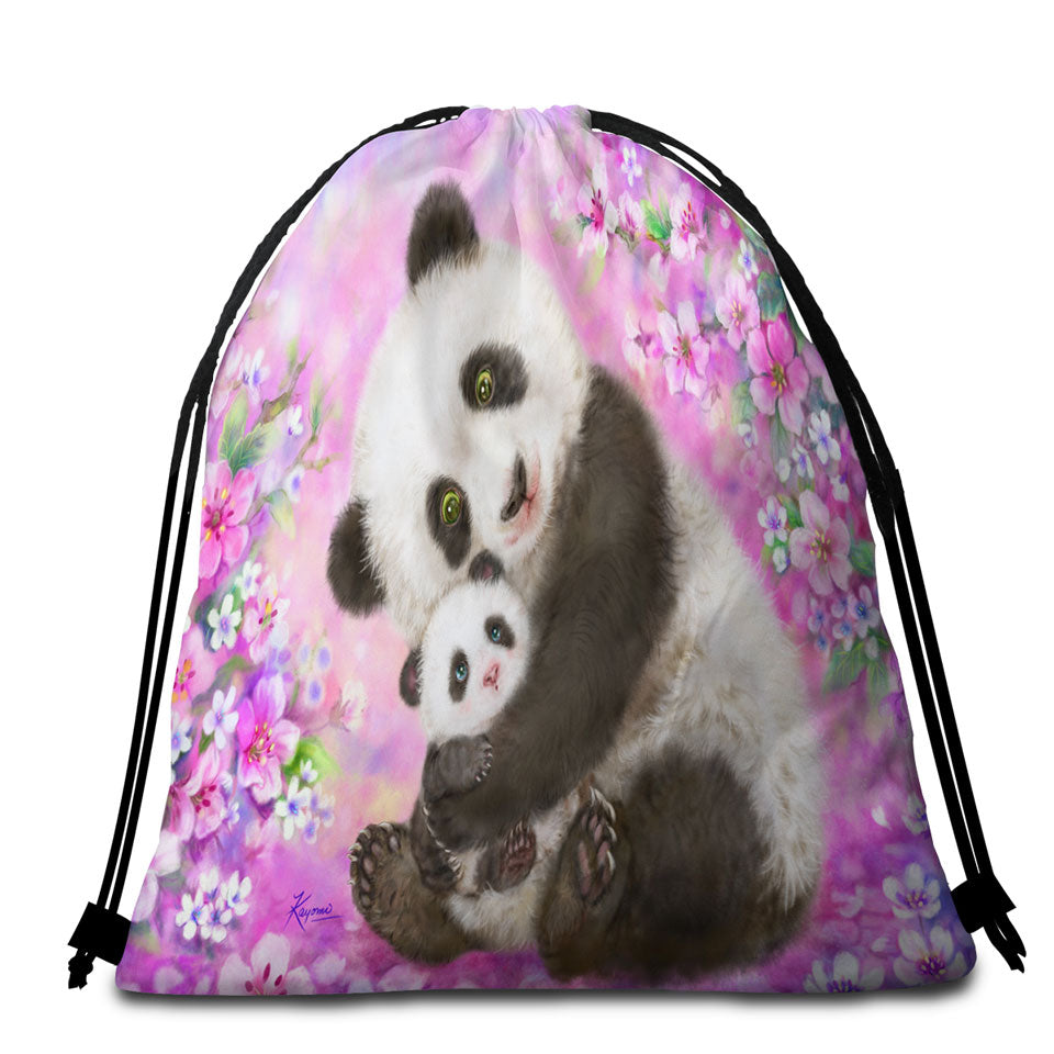 Pinkish Flowers Beach Towel Bags Panda Mom and Baby