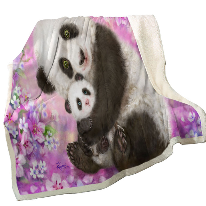 Pinkish Flowers Blankets Panda Mom and Baby