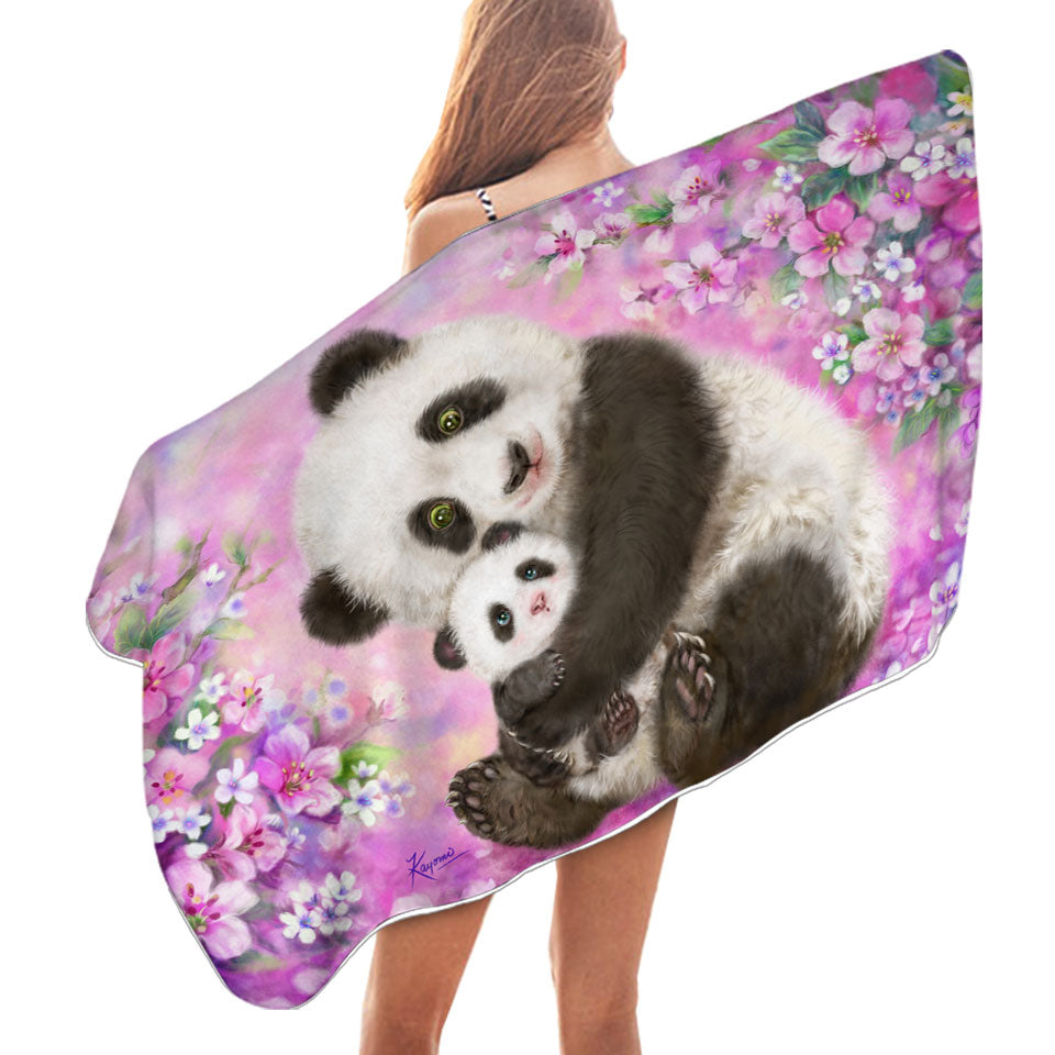 Pinkish Flowers Pool Towels Panda Mom and Baby