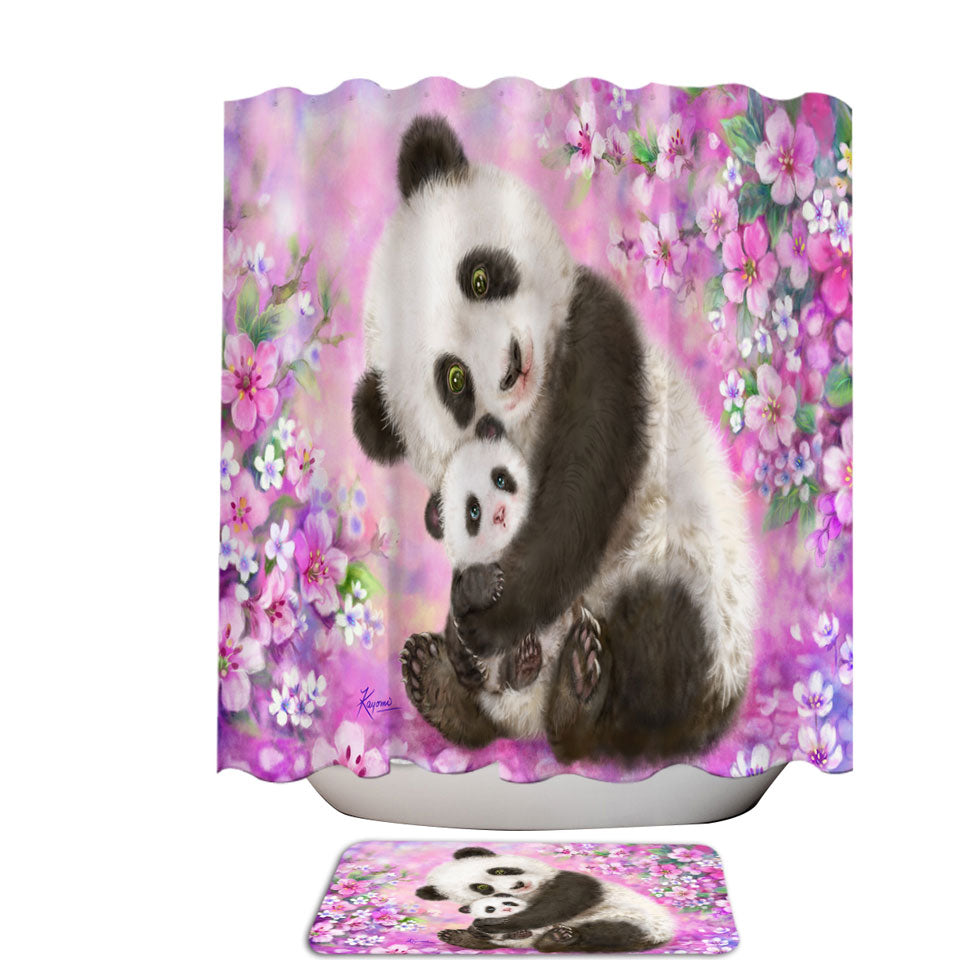 Pinkish Flowers Shower Curtains Panda Mom and Baby