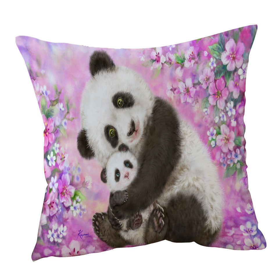 Pinkish Flowers Throw Pillows Panda Mom and Baby