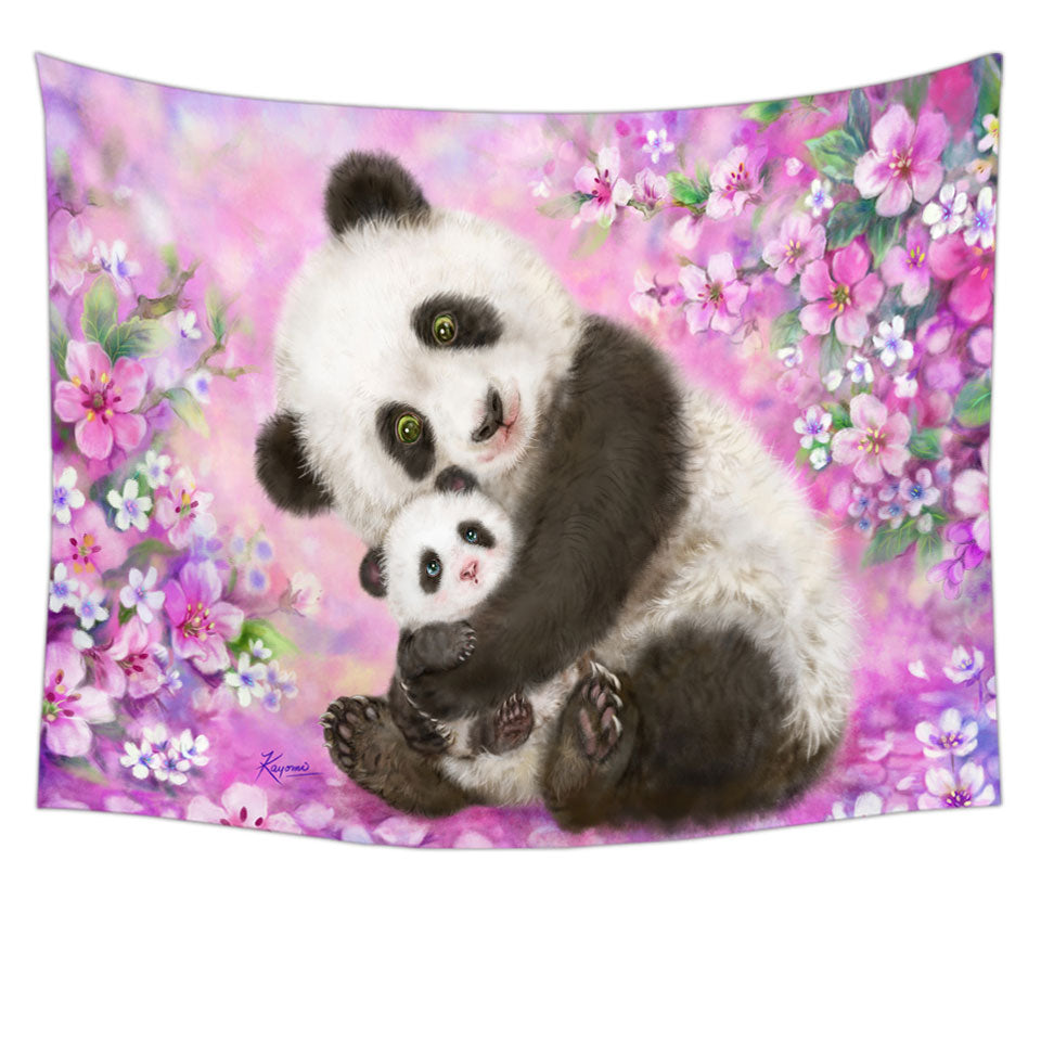 Pinkish Flowers Wall Decor Panda Mom and Baby Tapestry