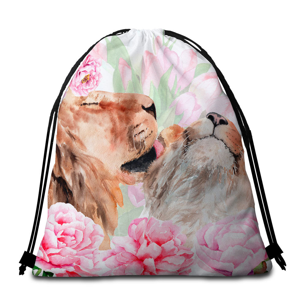 Pinkish Flowers and Loving Lions Beach Towel Bags