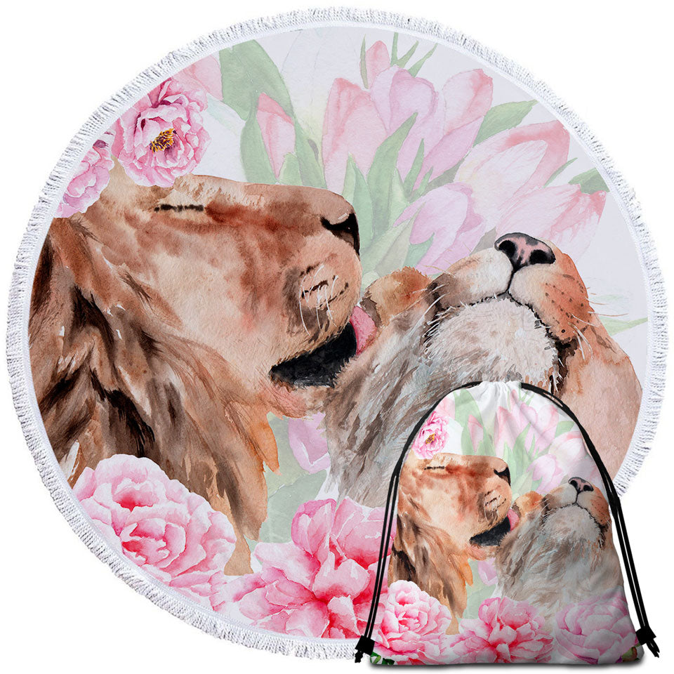 Pinkish Flowers and Loving Lions Beach Towels