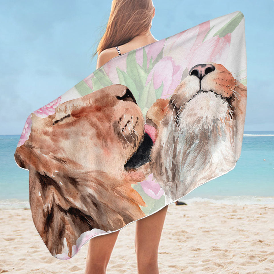 Pinkish Flowers and Loving Lions Beautiful Beach Towels