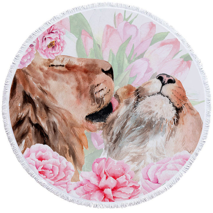 Pinkish Flowers and Loving Lions Circle Beach Towel