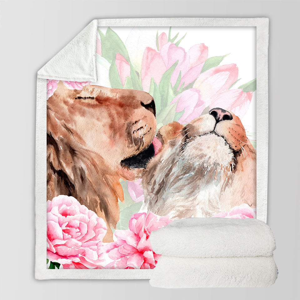 Pinkish Flowers and Loving Lions Decorative Blankets