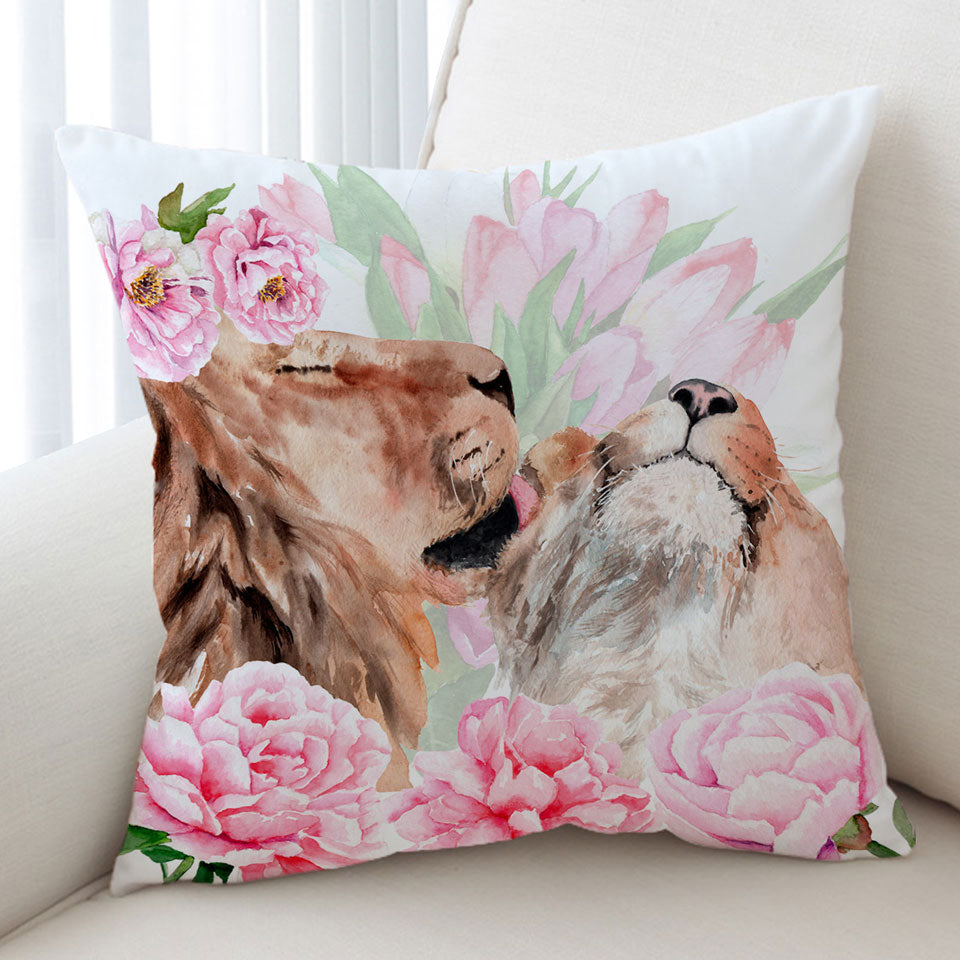 Pinkish Flowers and Loving Lions Decorative Pillows