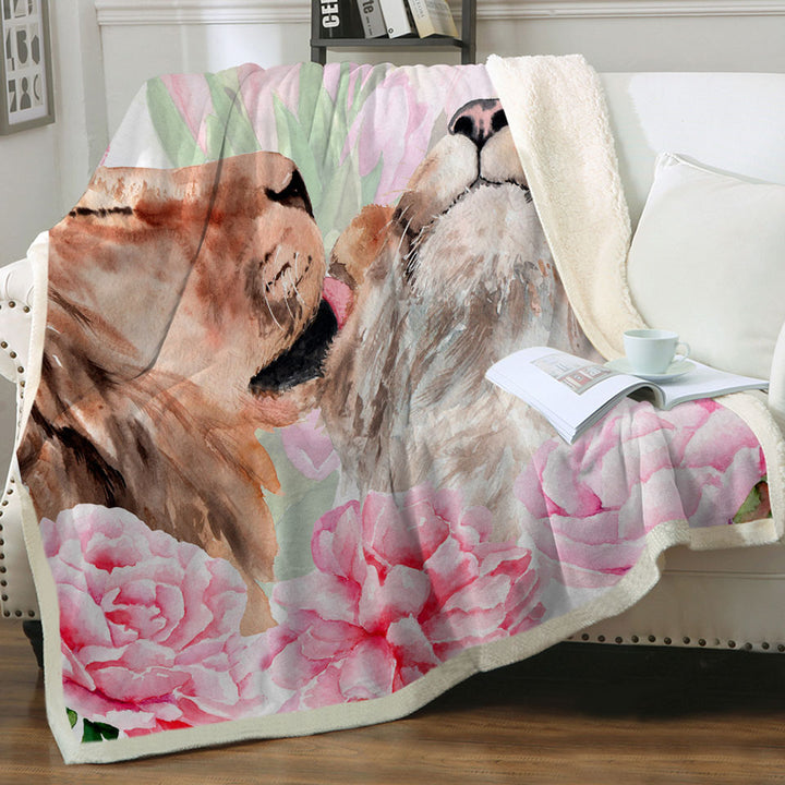Pinkish Flowers and Loving Lions Unique Throws