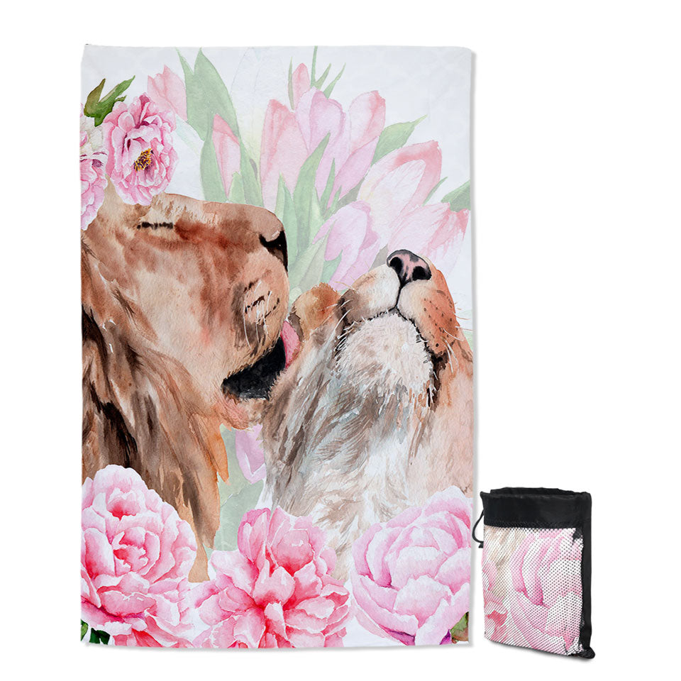 Pinkish Flowers and Loving Lions Womens Beach Towel for Travel