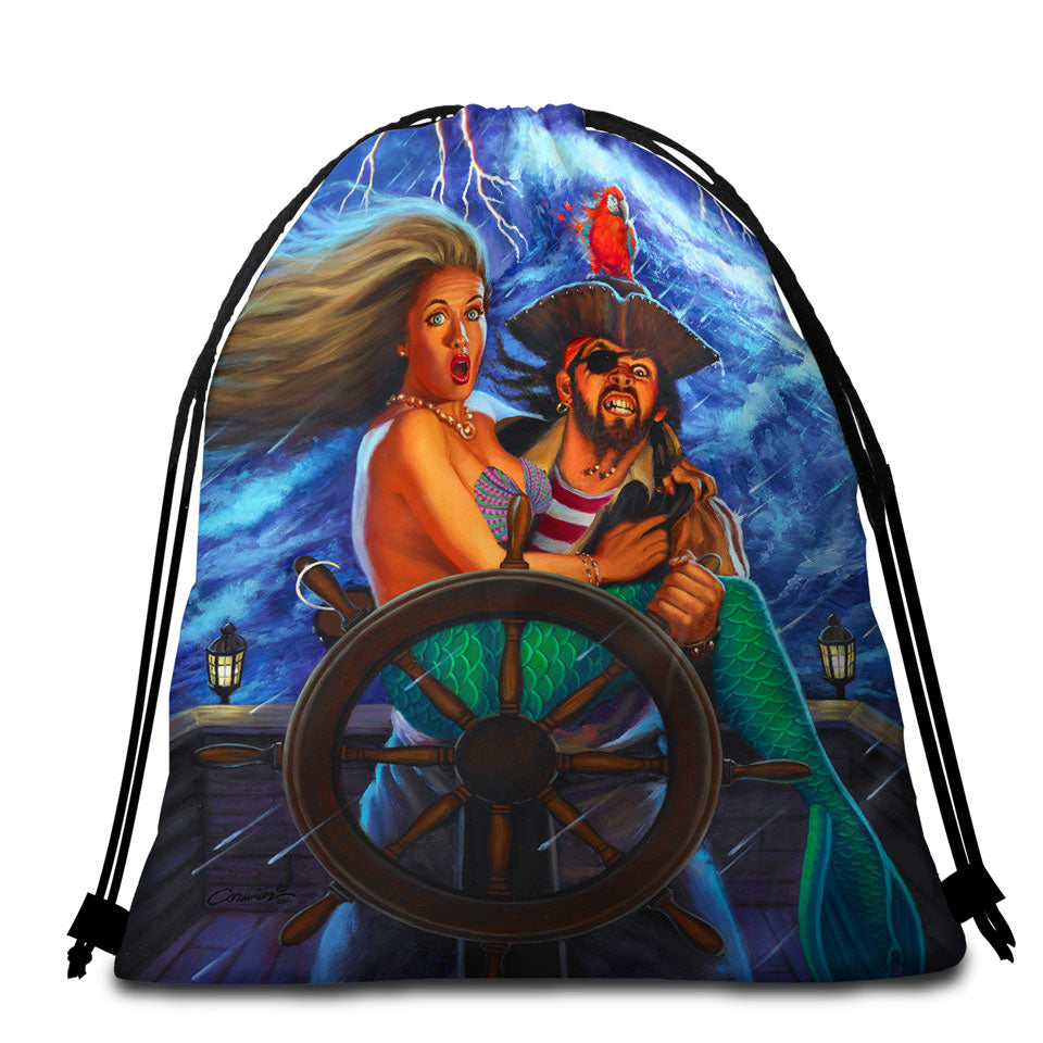 Pirate Beach Towel Bags Stormy Ocean Pirate and Mermaid Fun Honeymoon