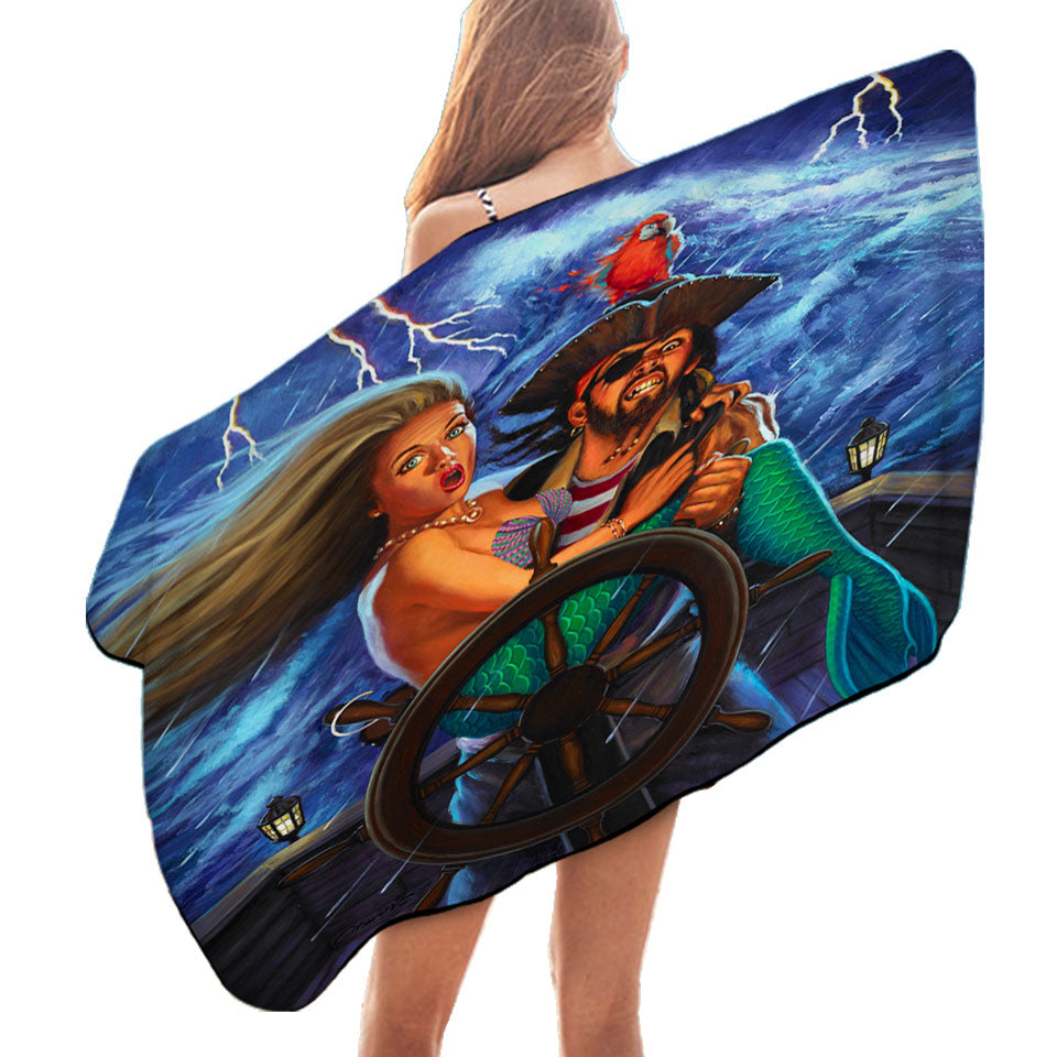 Pirate Beach Towels Stormy Ocean Pirate and Mermaid Fun Honeymoon