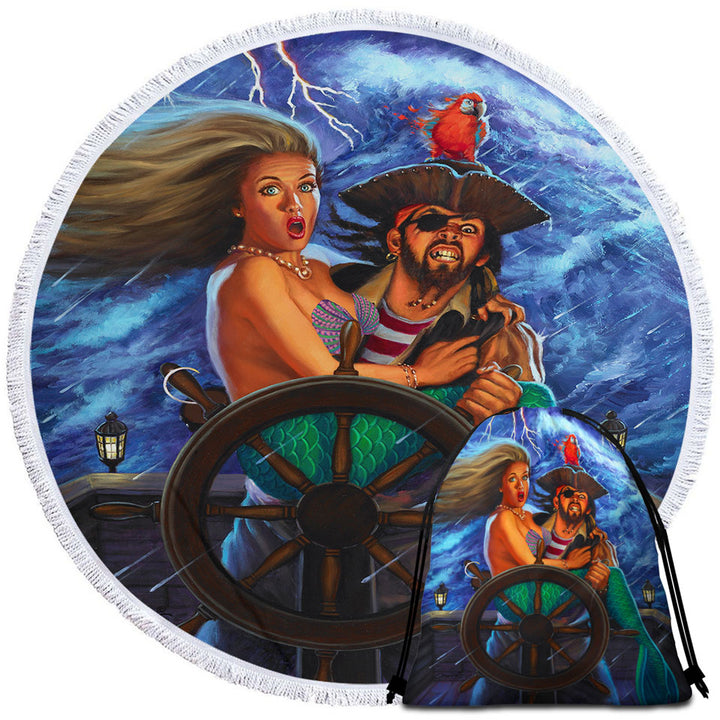 Pirate Circle Beach Towel Stormy Ocean Pirate and Mermaid Fun Honeymoon