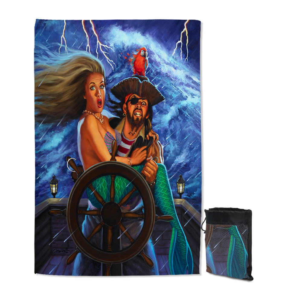 Pirate Quick Dry Beach Towel Stormy Ocean Pirate and Mermaid Fun Honeymoon