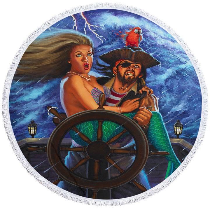 Pirate Round Beach Towel Stormy Ocean Pirate and Mermaid Fun Honeymoon