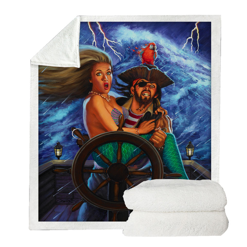Pirate Sherpa Blanket Stormy Ocean Pirate and Mermaid Fun Honeymoon