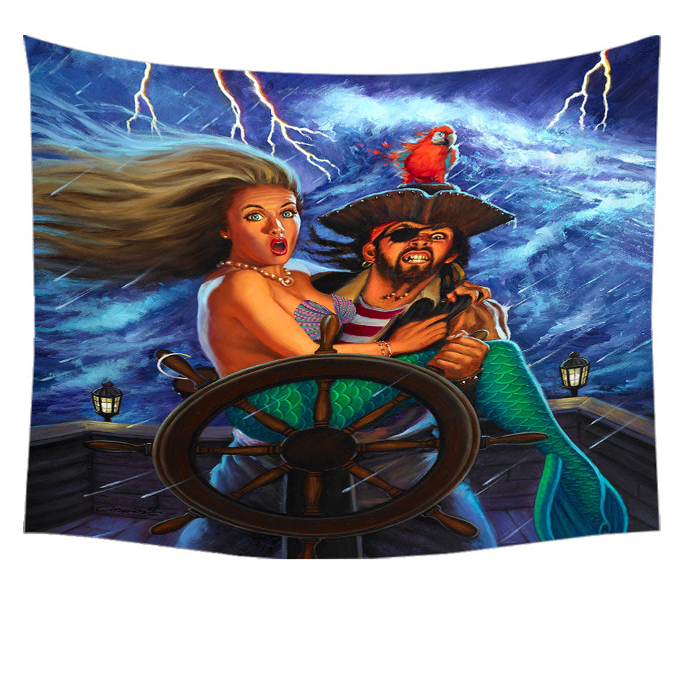 Pirate Wall Decor Tapestry Stormy Ocean Pirate and Mermaid Fun Honeymoon