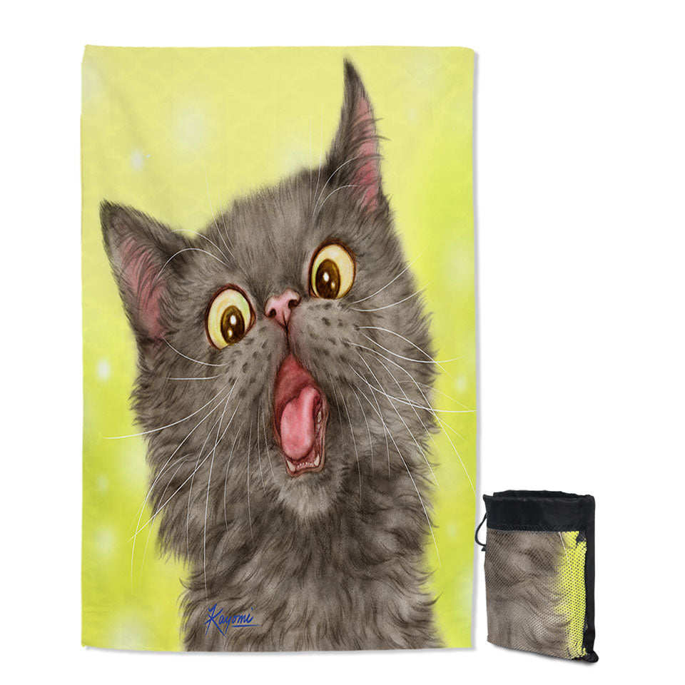 Playful Beach Towels for travel Black Grey Cat over Yellow