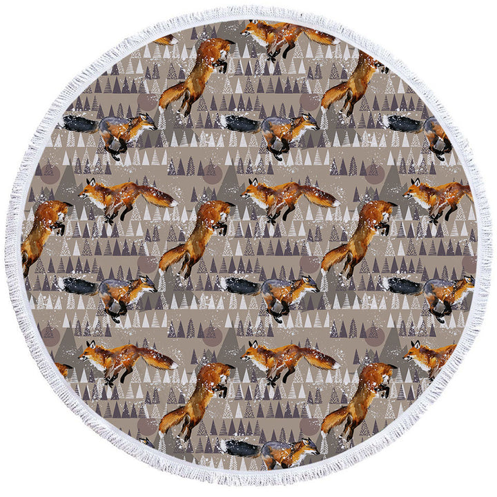Playful Fox Round Beach Towel