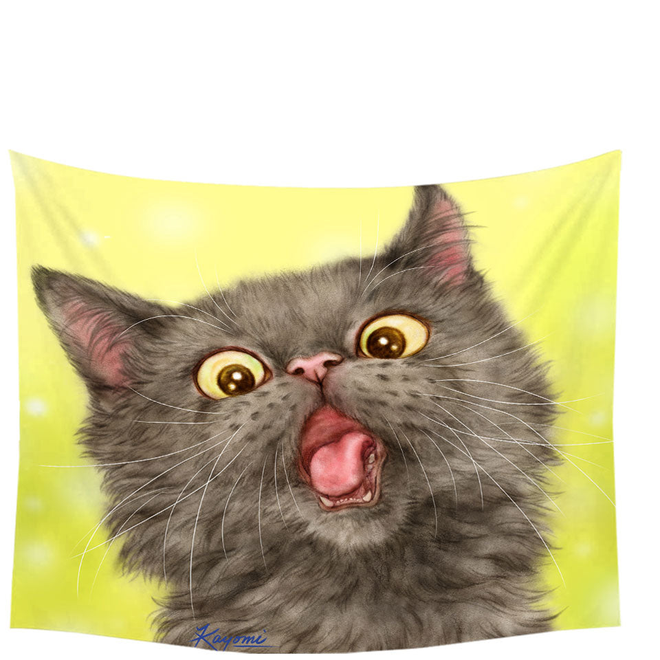 Playful Tapestry Black Grey Cat over Yellow