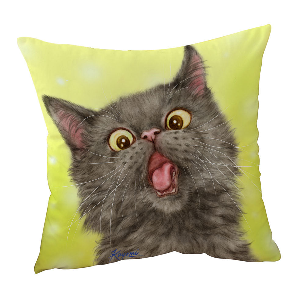 Playful Throw Pillows Black Grey Cat over Yellow
