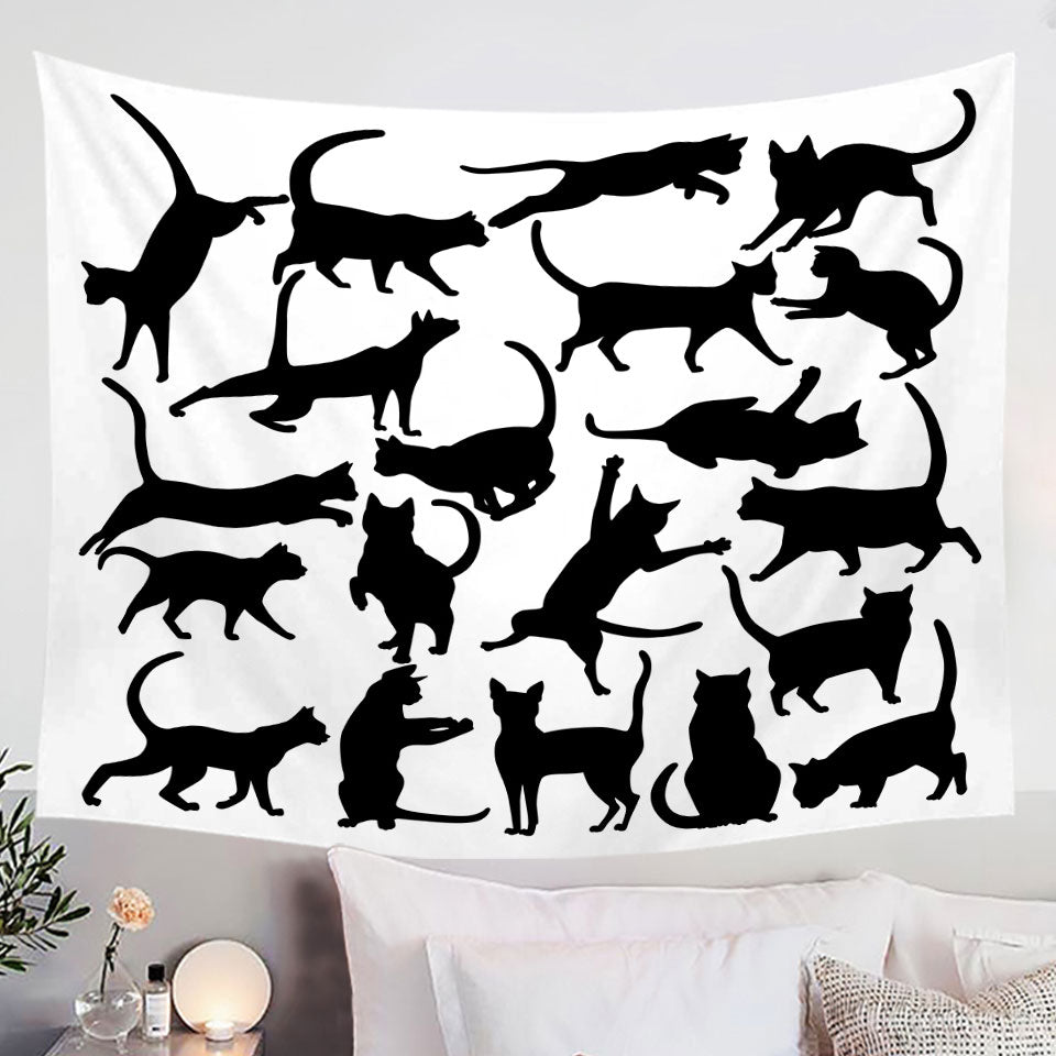 Playing Cat Silhouettes Wall Decor Tapestry in Black and White