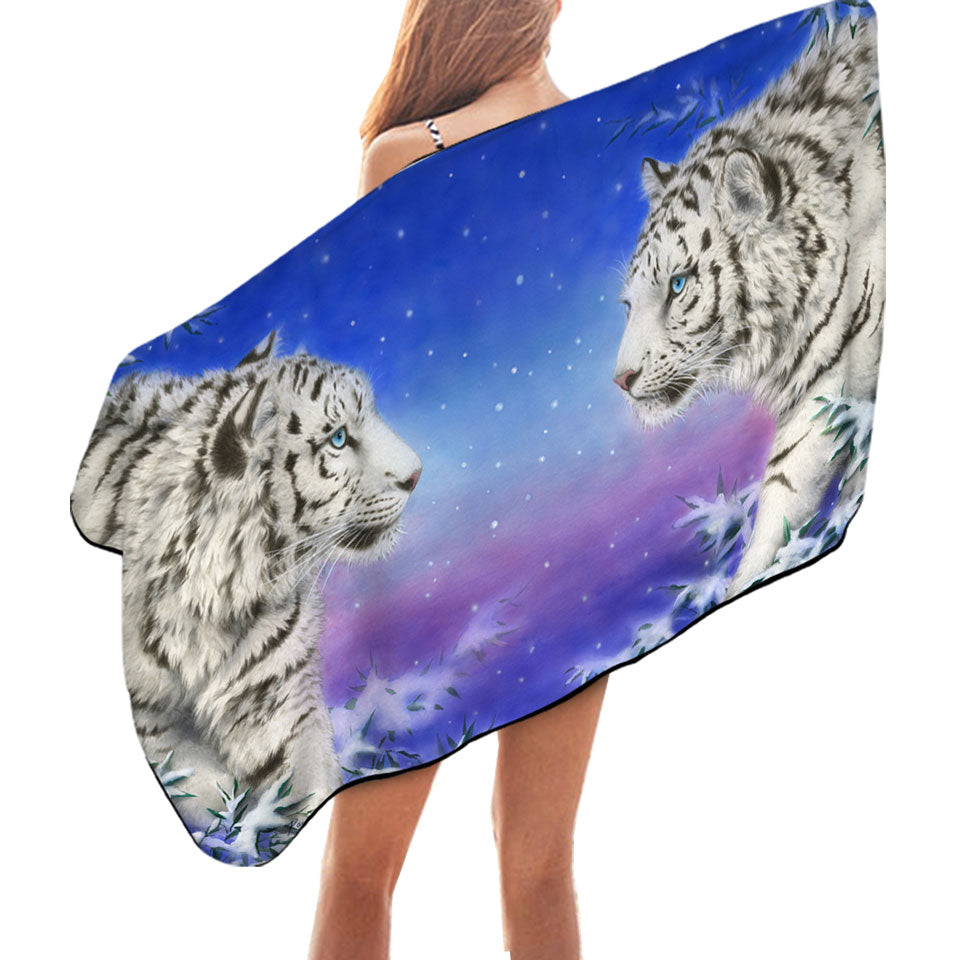 Pool Towels for Men Wild Animal Art White Tigers at Winter Night