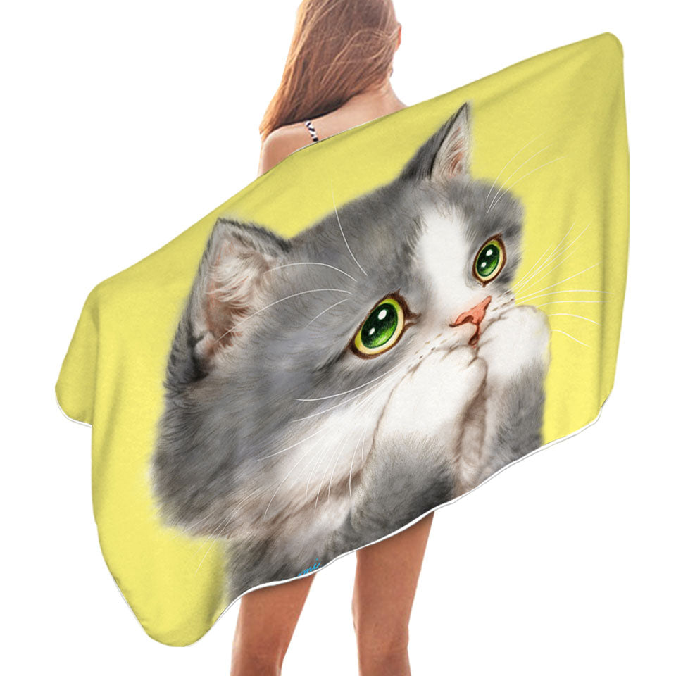 Pool Towels with Cat Prints Adorable Grey Kitten over Yellow
