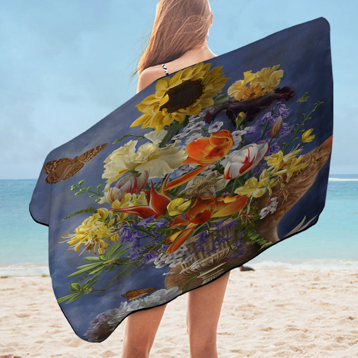 Pool Towels with Cats Art Colorful Flower Bouquet and Cat