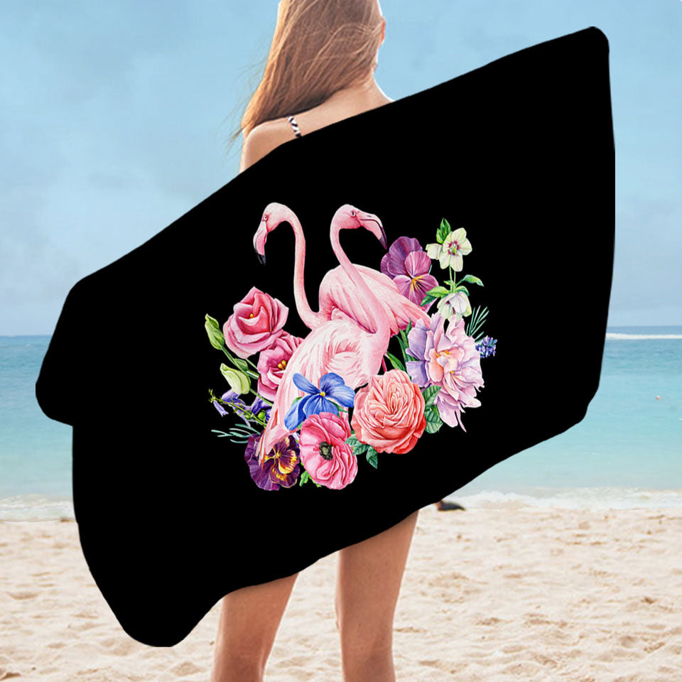 Pool Towels with Flamingos and Flowers over Black