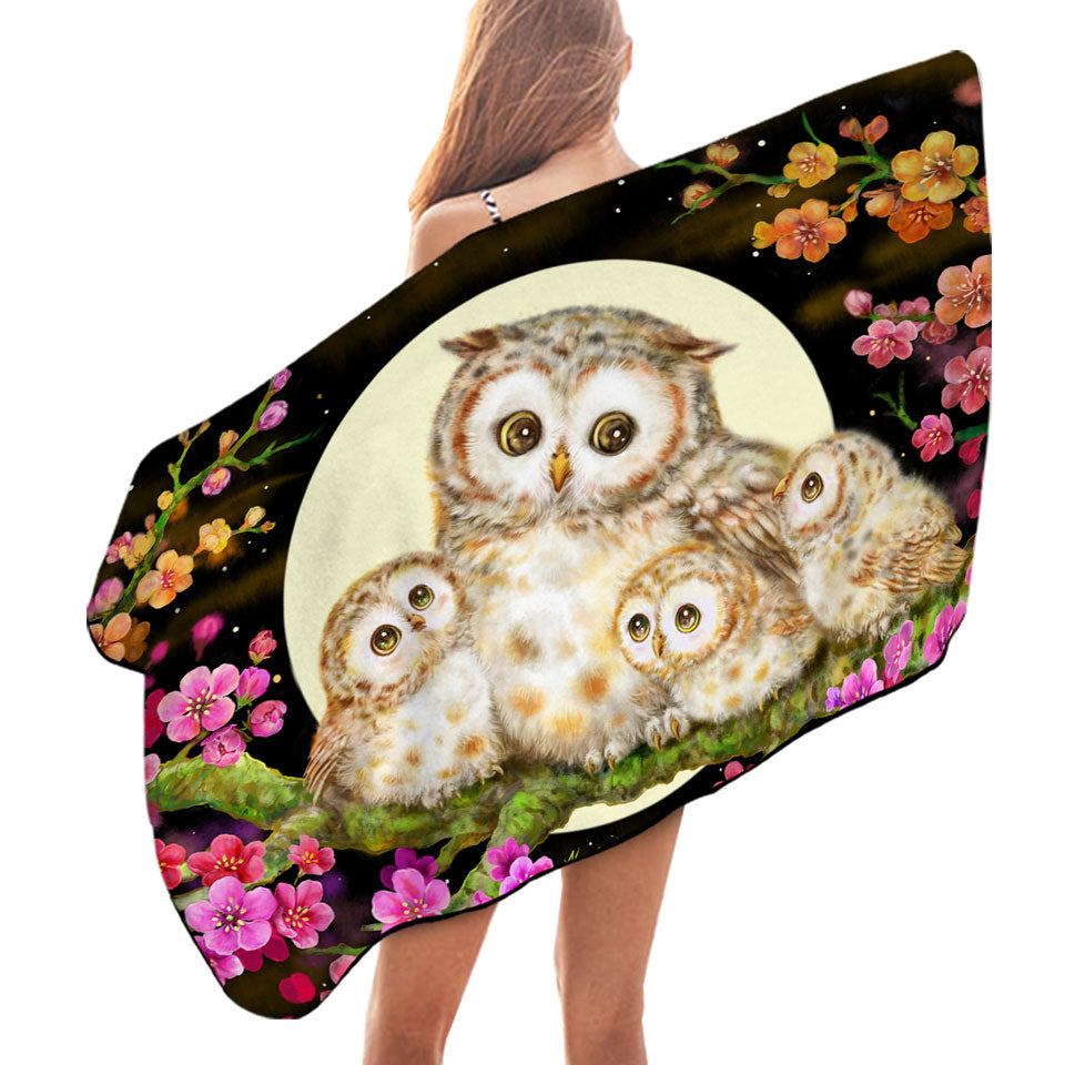 Pool Towels with Flowers and Moonlight Lullaby Cute Owl Family