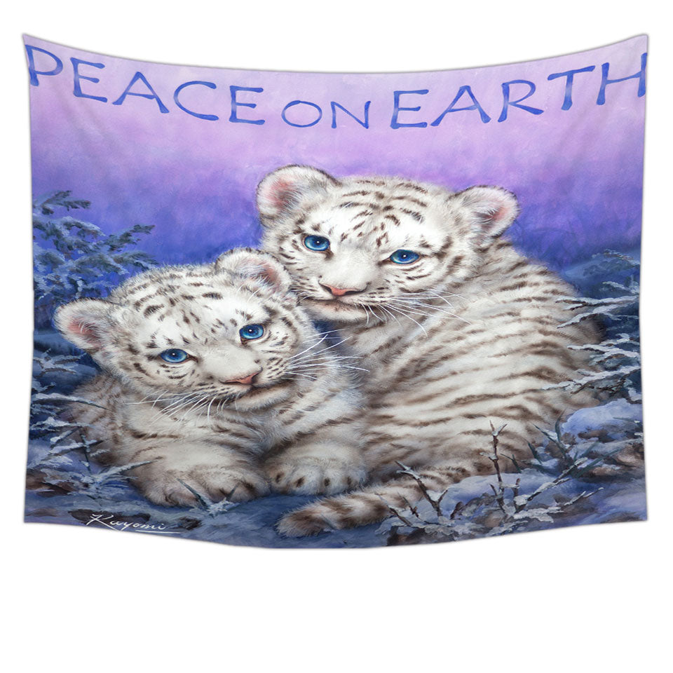 Positive Wall Decor Wildlife Animal Art White Tiger Cubs Tapestry