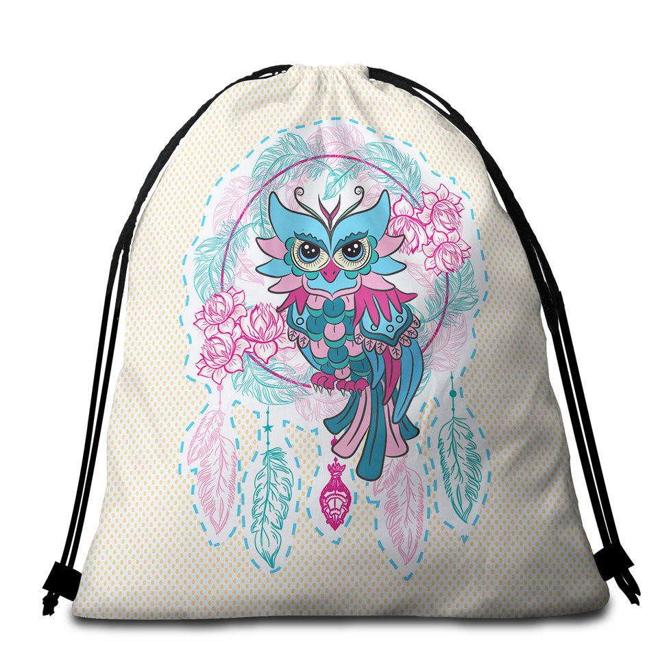 Pretty Beach Towel Bags Dream Catcher and Graceful Lady Owl