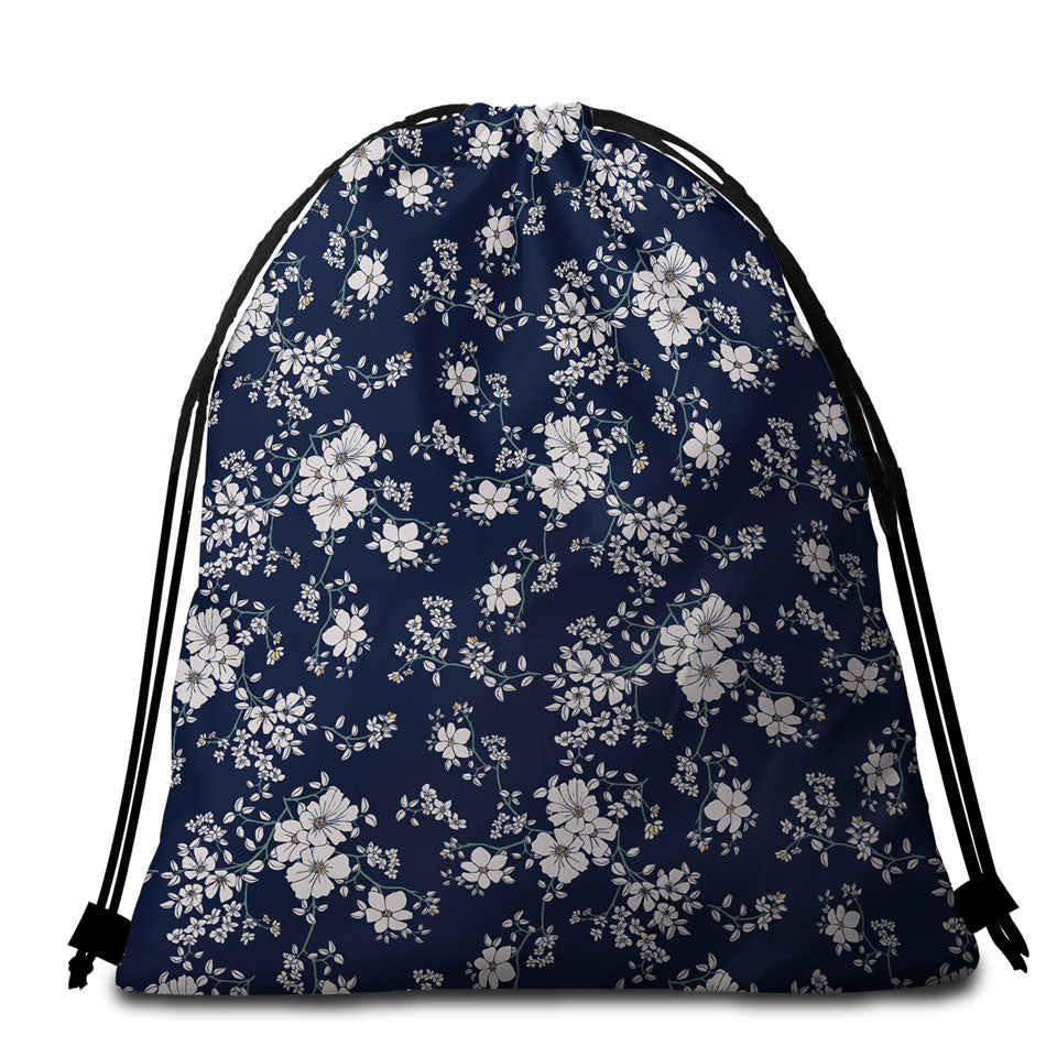 Pretty Beach Towels and Bags Set Dark Blue Background for White Floral