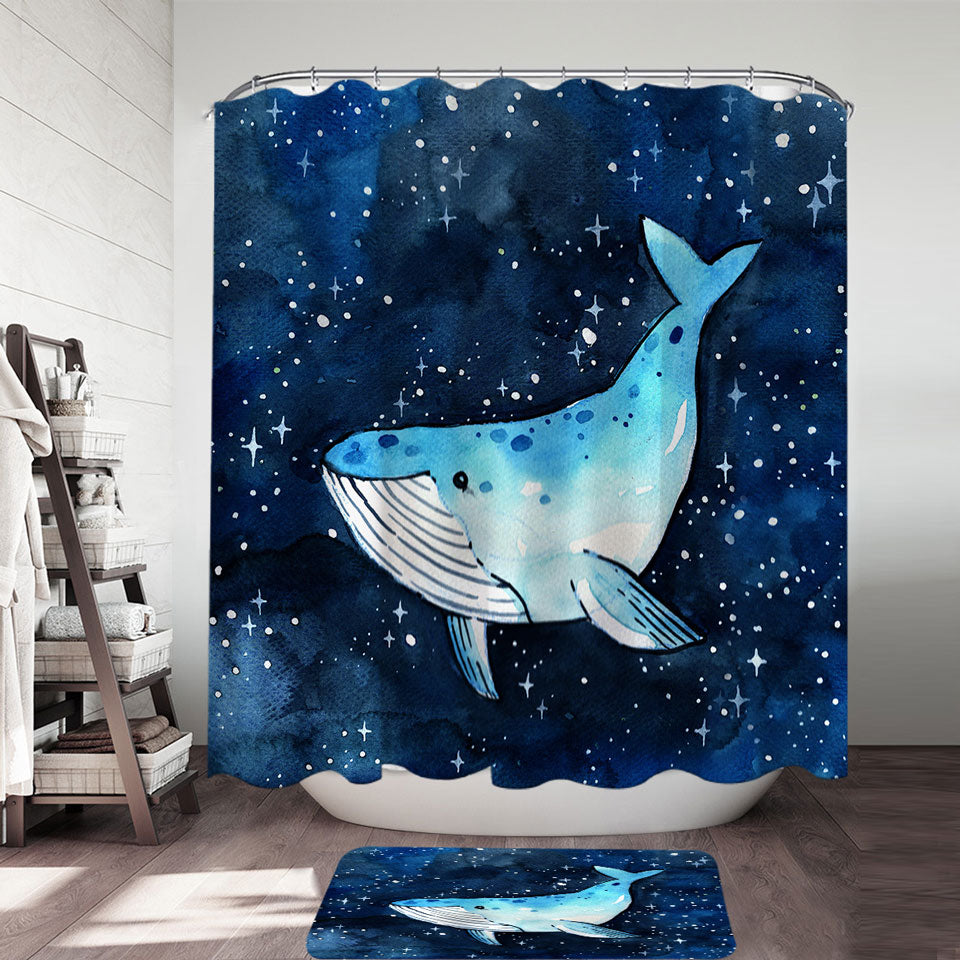 Pretty Shower Curtains with Art Blue Whale over the Night Skies