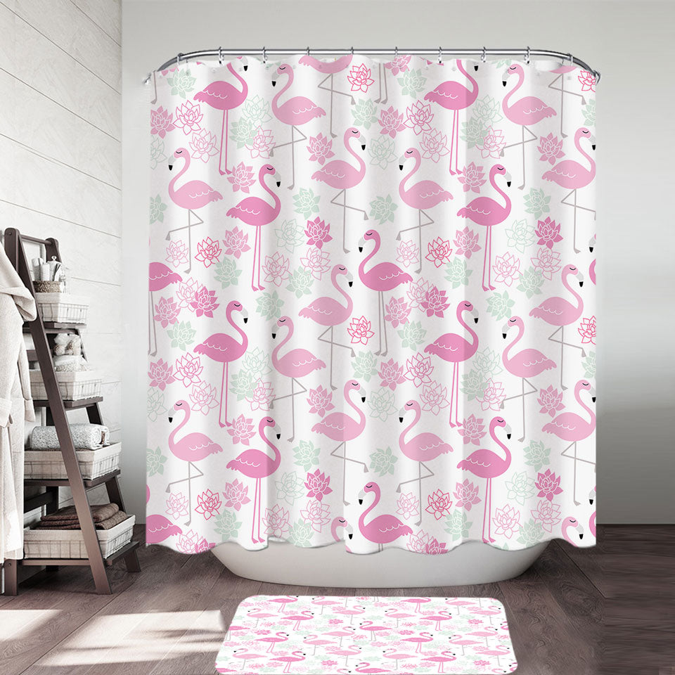 Pretty Shower Curtains with Pink Mint Lilies and Flamingos