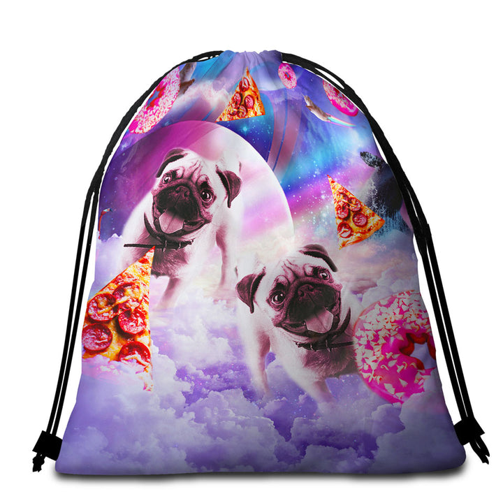Pug Beach Towel Bags Cute Pugs Dogs in the Pizza Donut Space